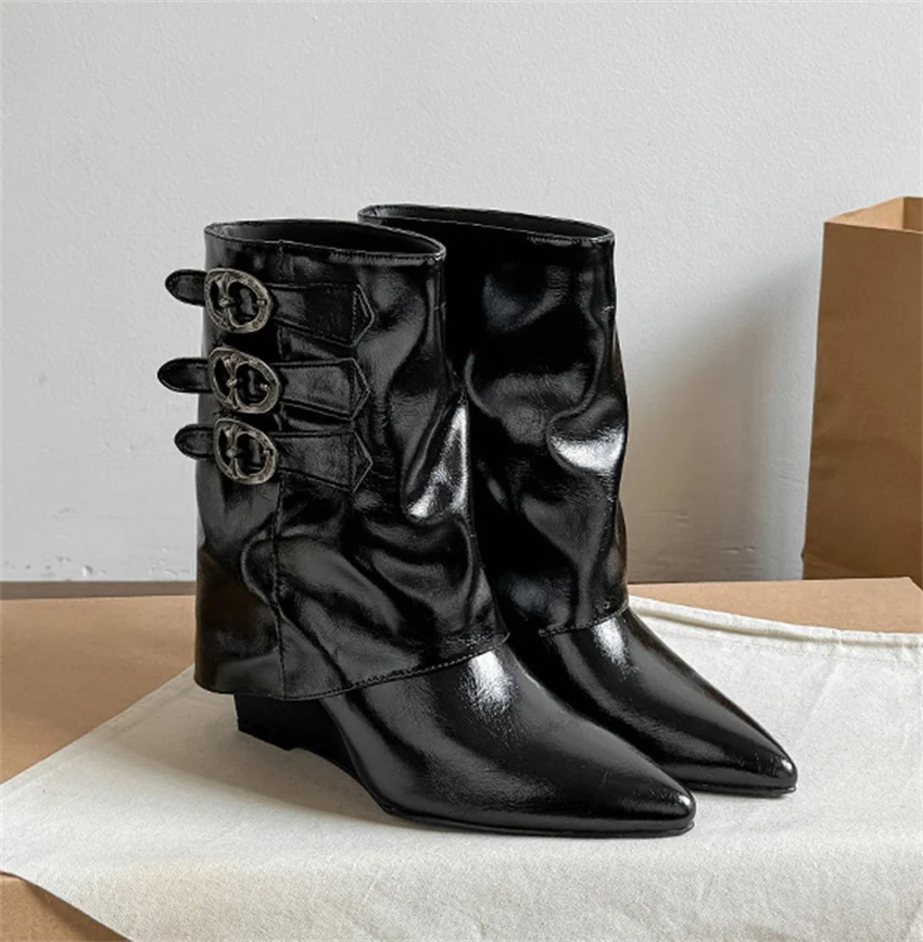 Botas Ankle Boots Autumn Winter Fashion Square Low Heels Boots Shoes for Women Designer Pointed Toe Zapatos De Mujer Handmade