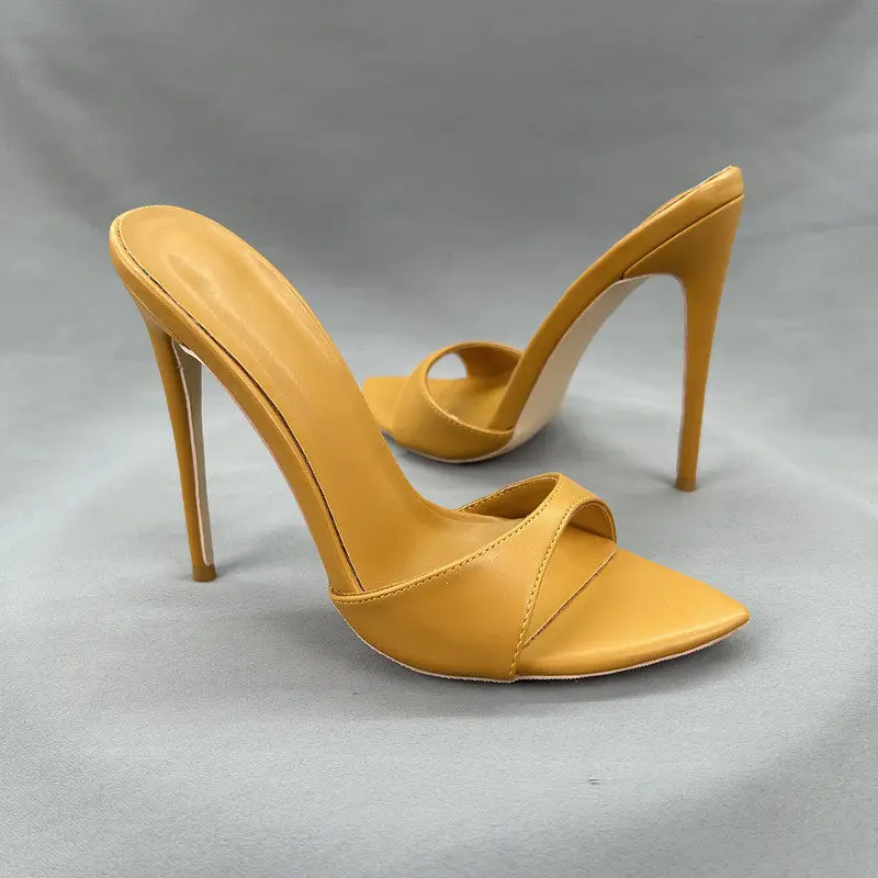 New Peach Pink Open-Toed Slim Heel Cool Mop for Women, Pointed Straight Drag for Commuting, Versatile High-Heeled Slippers 12cm