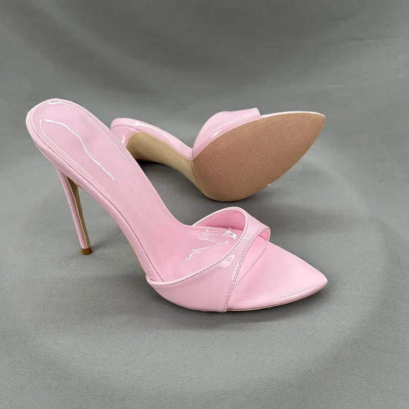 New Peach Pink Open-Toed Slim Heel Cool Mop for Women, Pointed Straight Drag for Commuting, Versatile High-Heeled Slippers 12cm