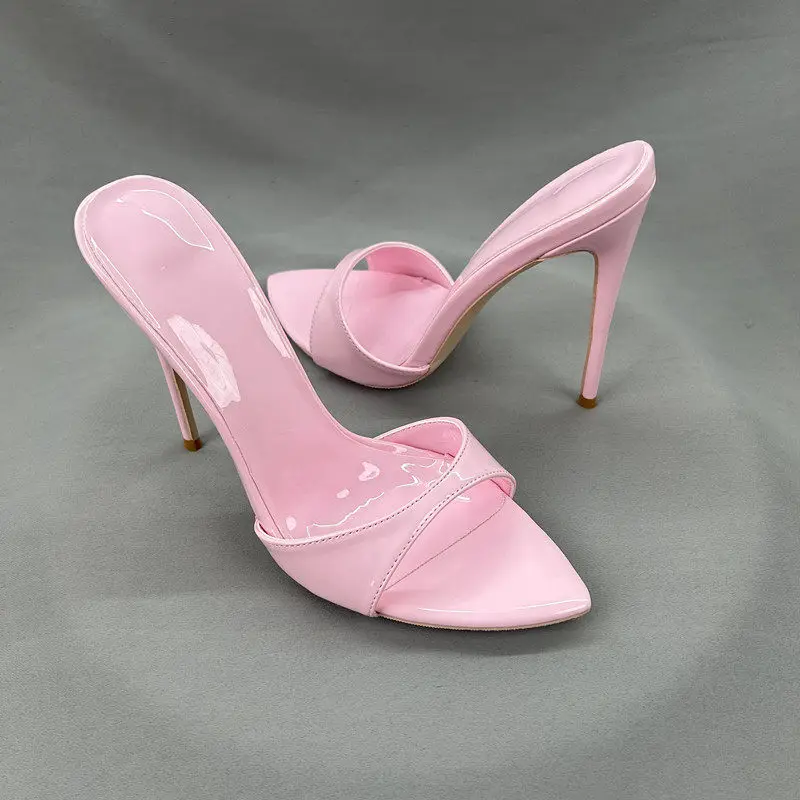 New Peach Pink Open-Toed Slim Heel Cool Mop for Women, Pointed Straight Drag for Commuting, Versatile High-Heeled Slippers 12cm