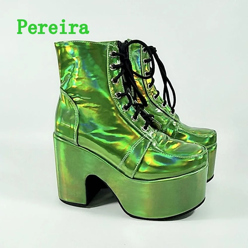 Shiny Purple Ankle Boots Women's 2024 New Arrival Platform Round Toe Chunky Heel Cross Straps Sexy Fashion Show Party Shoes