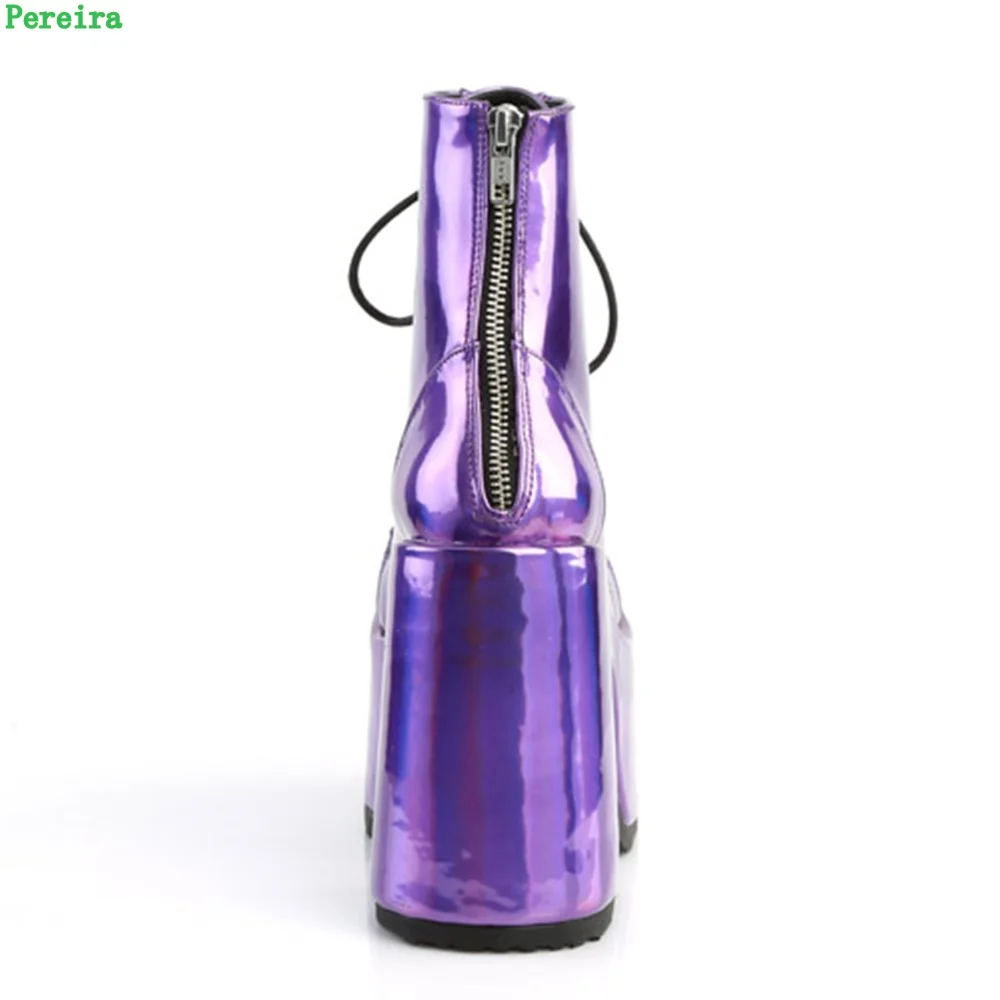 Shiny Purple Ankle Boots Women's 2024 New Arrival Platform Round Toe Chunky Heel Cross Straps Sexy Fashion Show Party Shoes