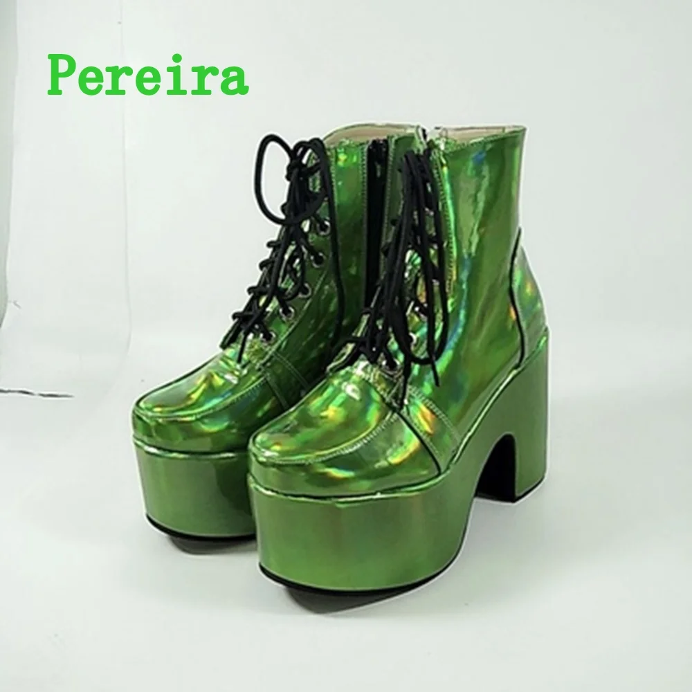 Shiny Purple Ankle Boots Women's 2024 New Arrival Platform Round Toe Chunky Heel Cross Straps Sexy Fashion Show Party Shoes