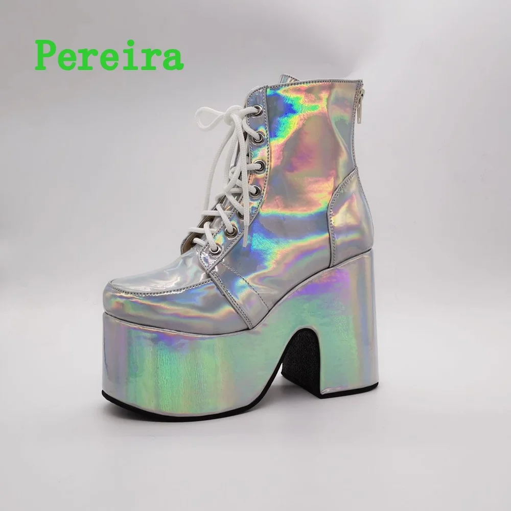 Shiny Purple Ankle Boots Women's 2024 New Arrival Platform Round Toe Chunky Heel Cross Straps Sexy Fashion Show Party Shoes