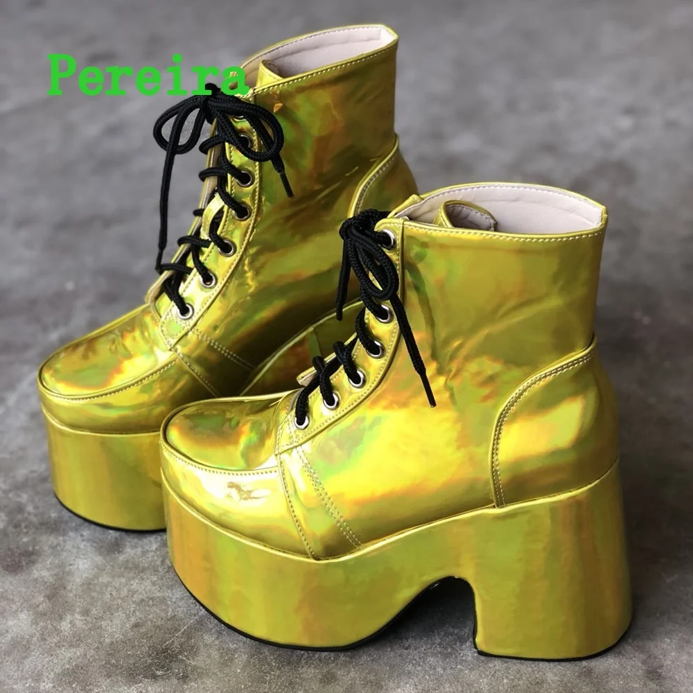 Shiny Purple Ankle Boots Women's 2024 New Arrival Platform Round Toe Chunky Heel Cross Straps Sexy Fashion Show Party Shoes