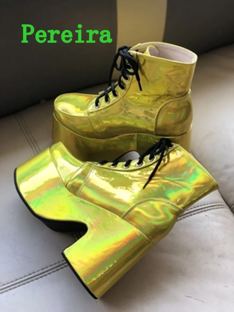 Shiny Purple Ankle Boots Women's 2024 New Arrival Platform Round Toe Chunky Heel Cross Straps Sexy Fashion Show Party Shoes