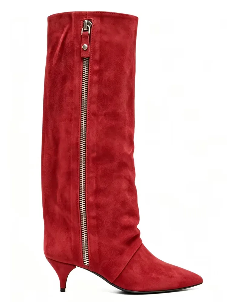 2026New Autumn and Winter Pointed Low Heel Knee High Women's Boots, Fashionable and Versatile Women's Mid Top Boots