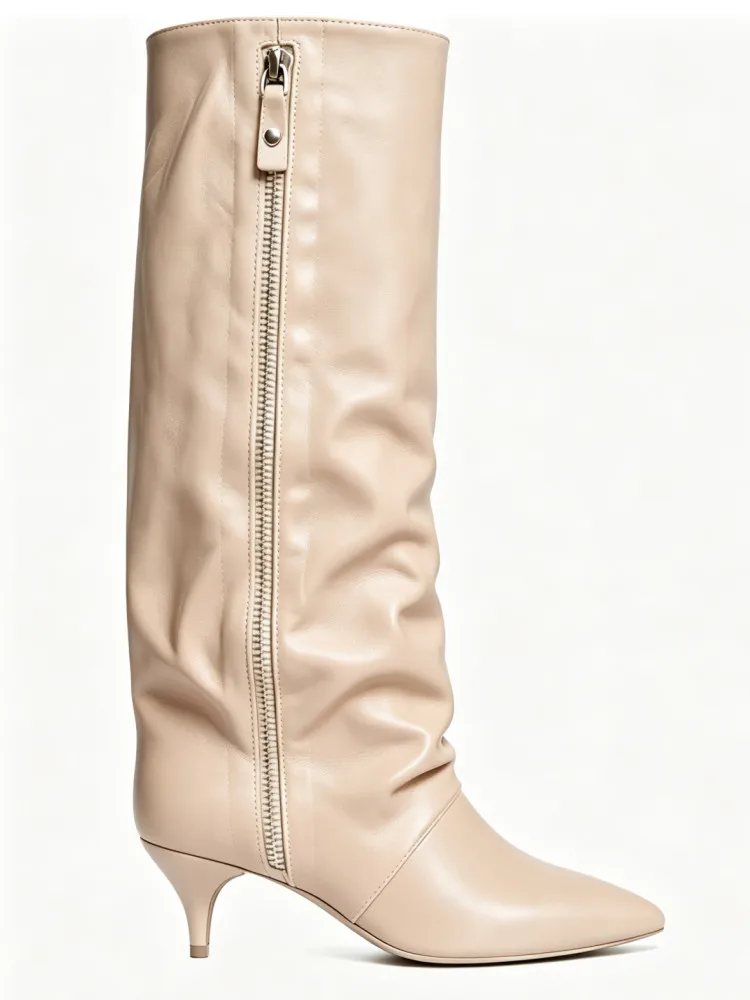 2026New Autumn and Winter Pointed Low Heel Knee High Women's Boots, Fashionable and Versatile Women's Mid Top Boots