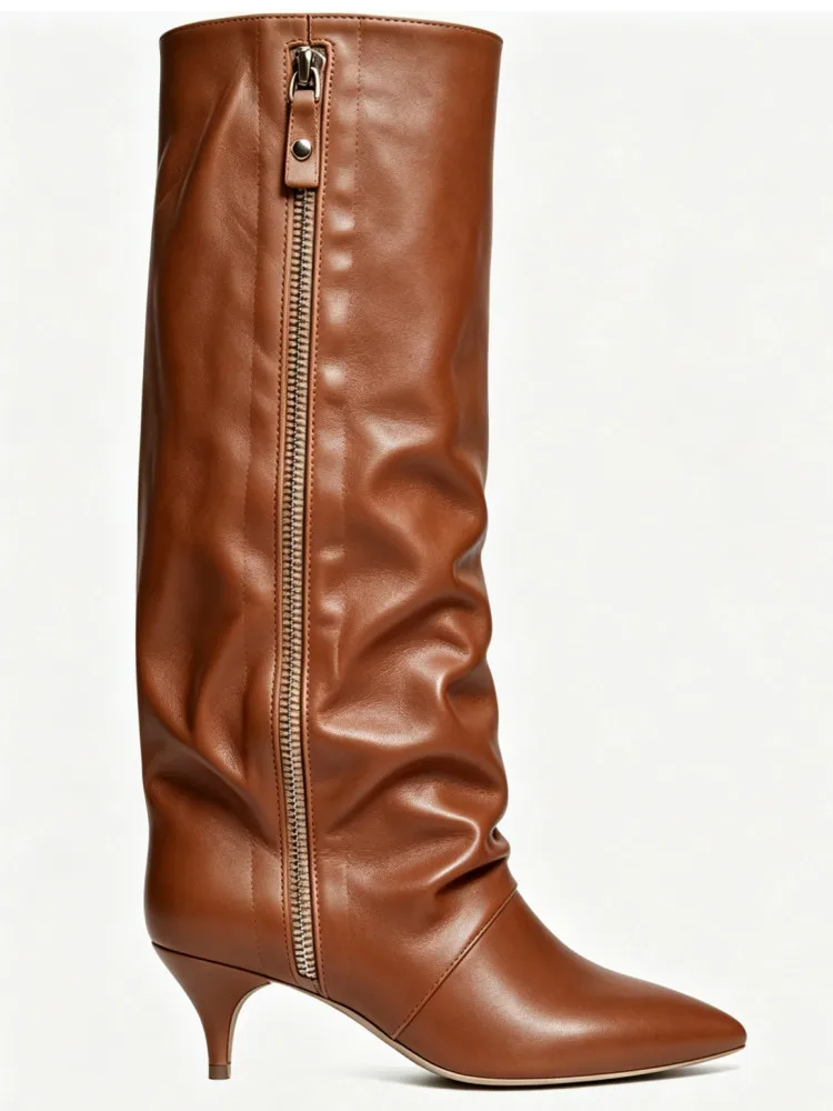 2026New Autumn and Winter Pointed Low Heel Knee High Women's Boots, Fashionable and Versatile Women's Mid Top Boots