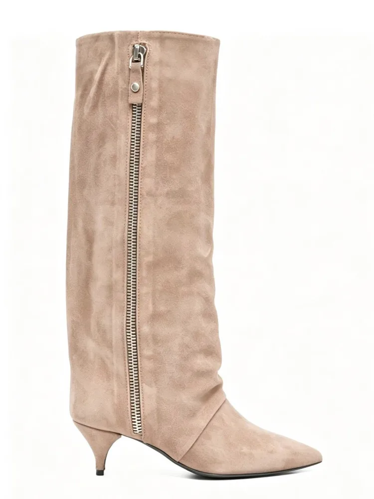 2026New Autumn and Winter Pointed Low Heel Knee High Women's Boots, Fashionable and Versatile Women's Mid Top Boots