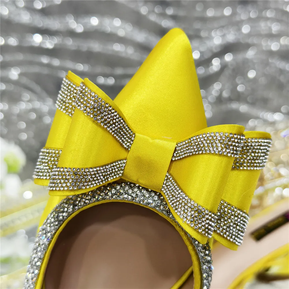Shiny Yellow Rhinestone Shoe Purse Set with Bow Detail, Elegant Slingback Heels Designed for Bride Wedding Party Evening and Spe