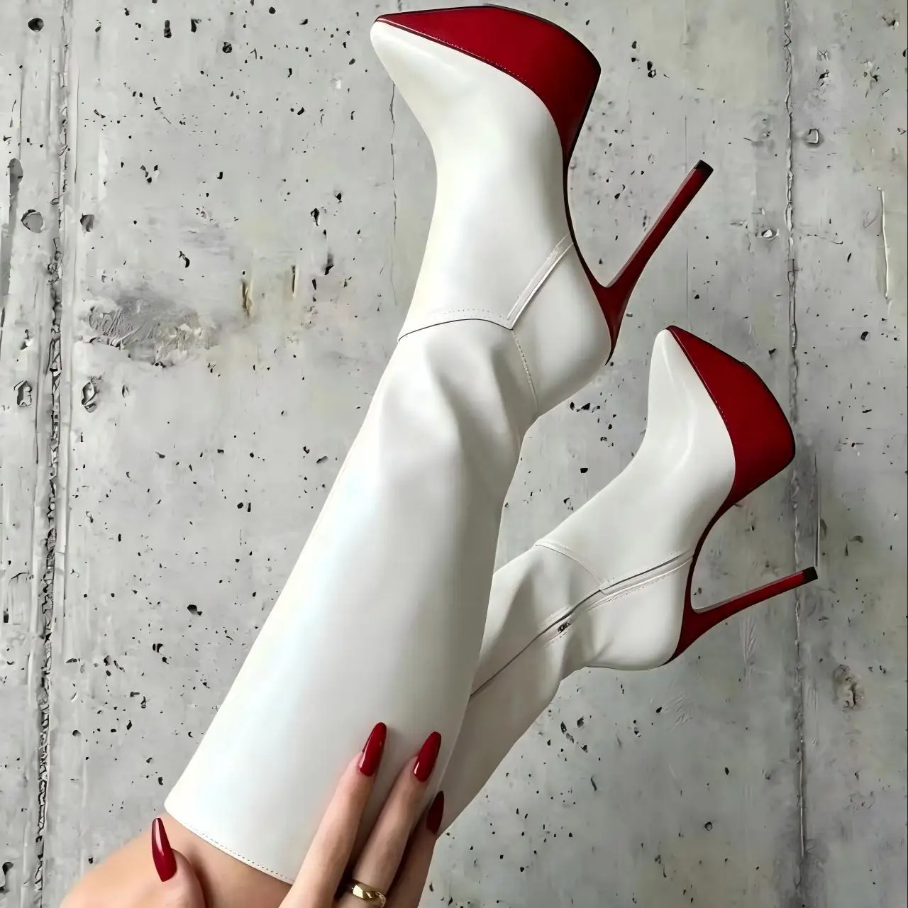 Chic Pointy platform leather knee high boots Women's 2026 new in high heels white/black/red zipper sexy boot luxury designer