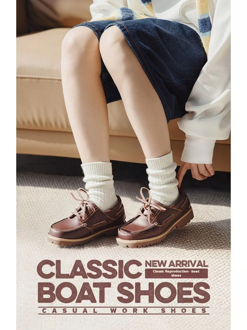 Maden Women’s Split Cowhide Oxford Loafers Vintage Brown Round Toe Flat Lace-Up Casual Dress Shoes for Spring Autumn