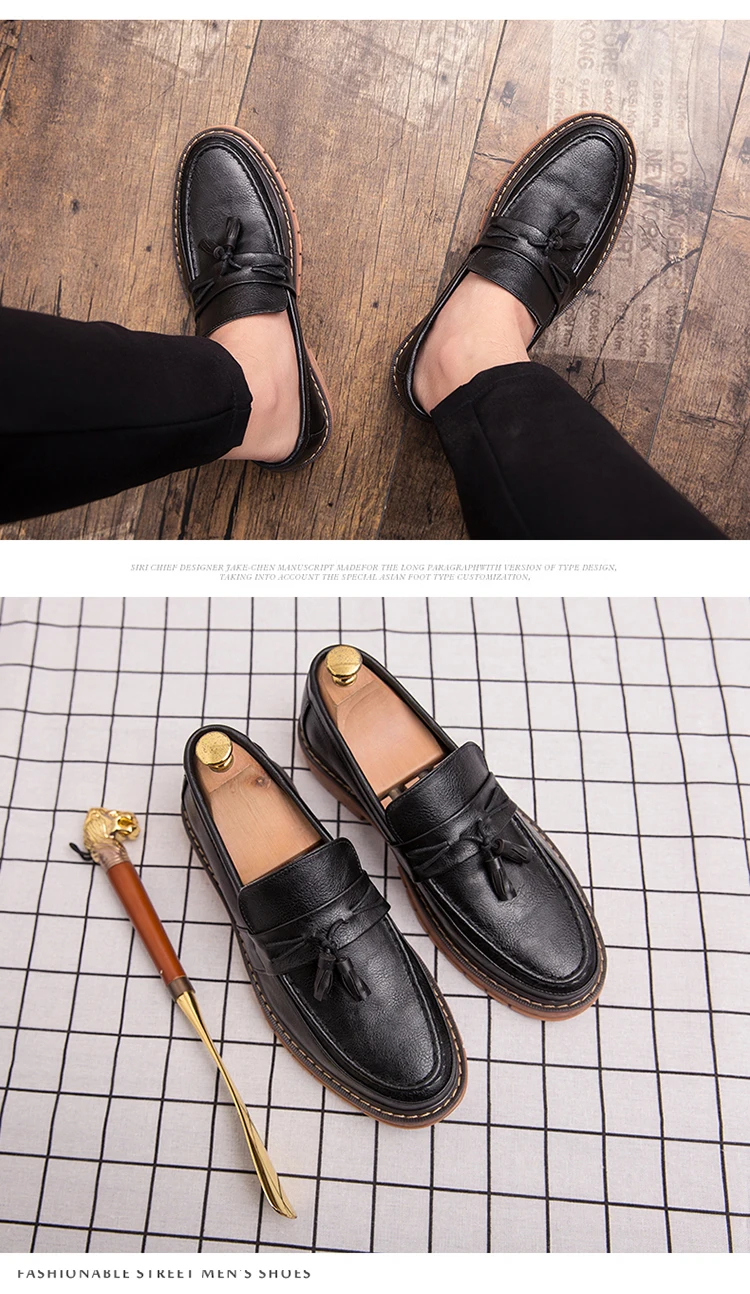 New Slip-On Thick Soled Casual Leather Shoes British Retro Round Head Handmade Leather Fringe Lazy Loafers Men