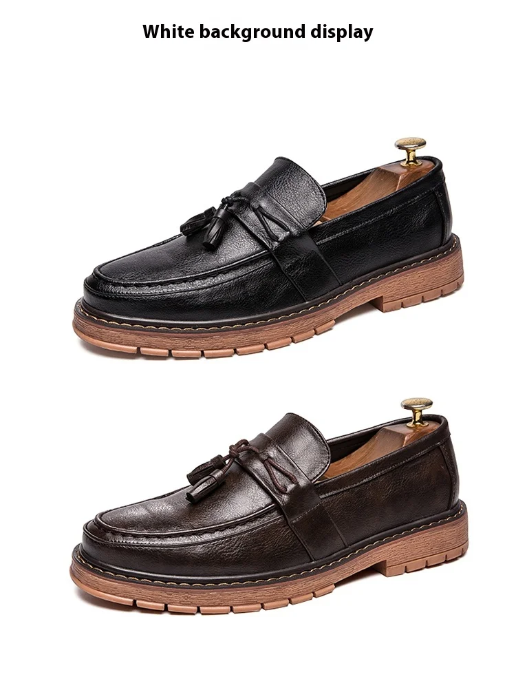 New Slip-On Thick Soled Casual Leather Shoes British Retro Round Head Handmade Leather Fringe Lazy Loafers Men