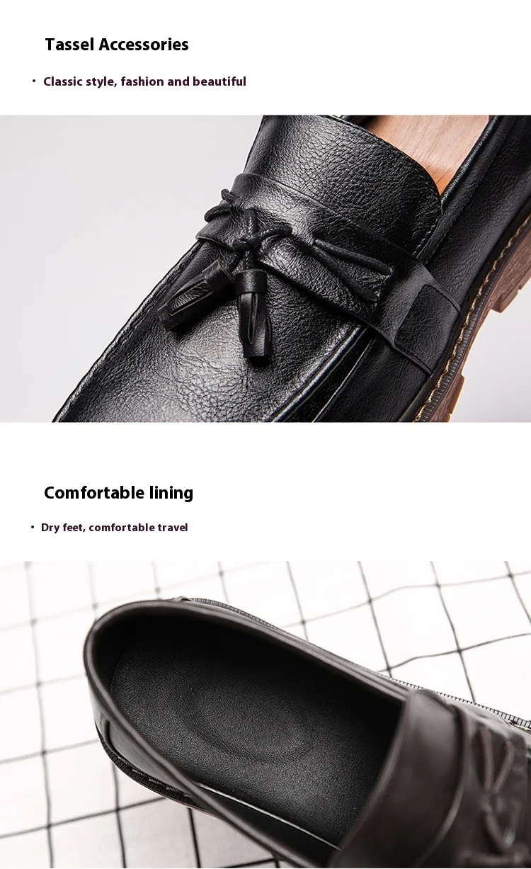New Slip-On Thick Soled Casual Leather Shoes British Retro Round Head Handmade Leather Fringe Lazy Loafers Men