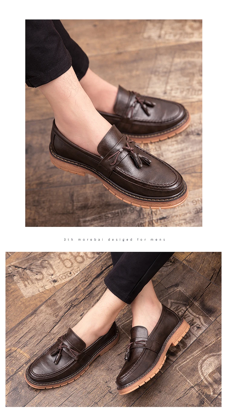 New Slip-On Thick Soled Casual Leather Shoes British Retro Round Head Handmade Leather Fringe Lazy Loafers Men
