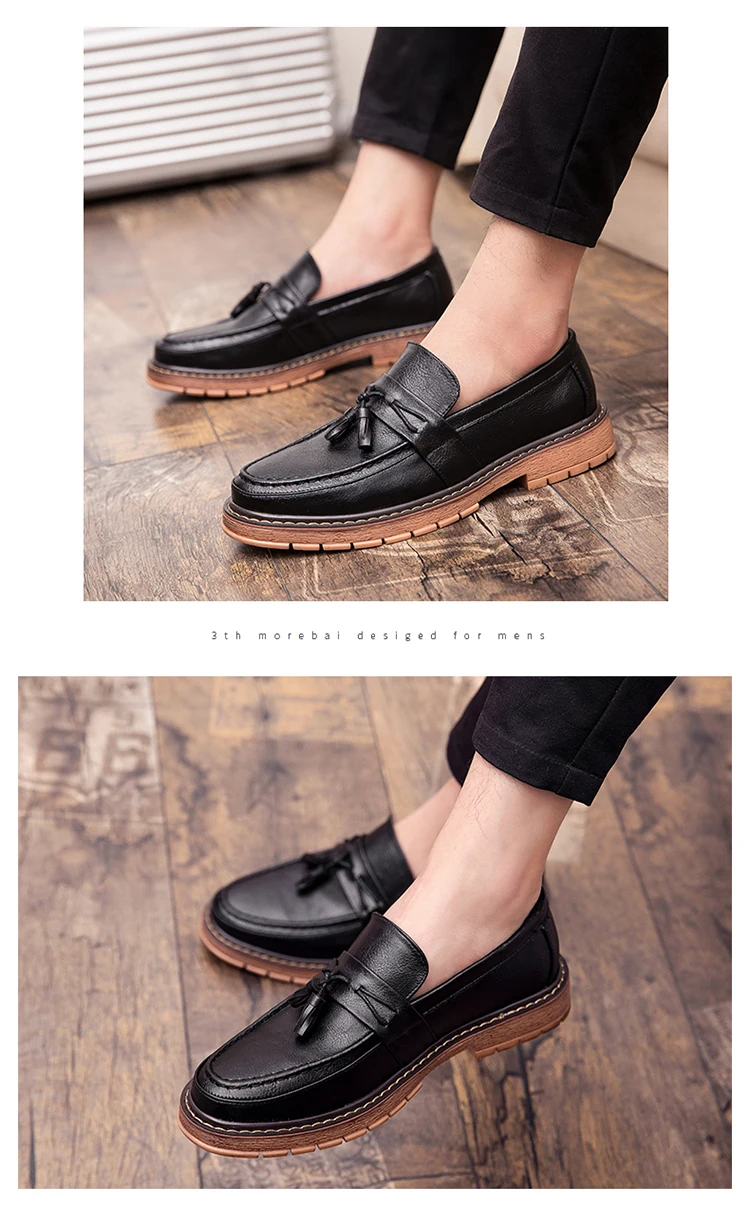 New Slip-On Thick Soled Casual Leather Shoes British Retro Round Head Handmade Leather Fringe Lazy Loafers Men