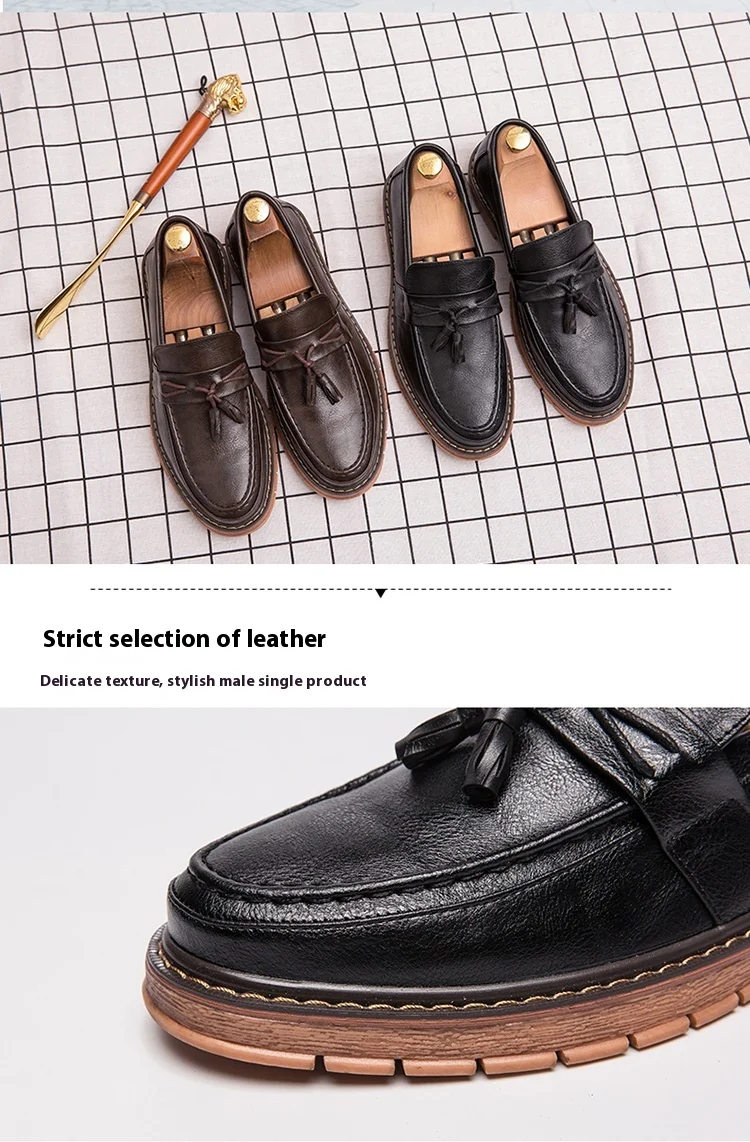 New Slip-On Thick Soled Casual Leather Shoes British Retro Round Head Handmade Leather Fringe Lazy Loafers Men