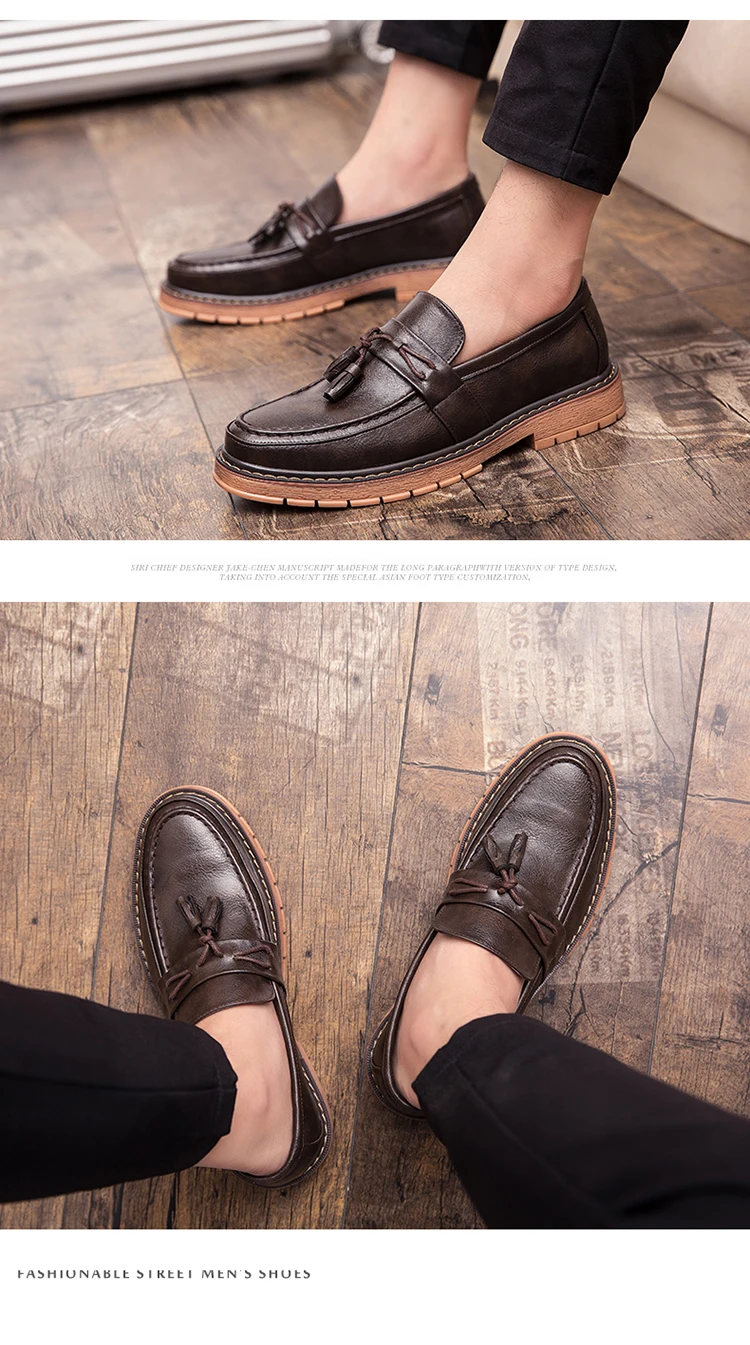 New Slip-On Thick Soled Casual Leather Shoes British Retro Round Head Handmade Leather Fringe Lazy Loafers Men