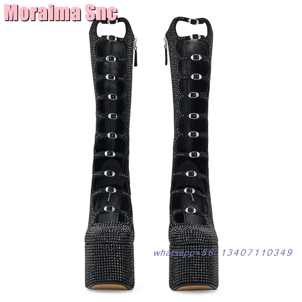 Luxury Crystal Platform Belt Buckle Sandals Boots Block Chunky Heel Round Toe Side Zipper Hollow Sexy Women's Summer Shoes Black