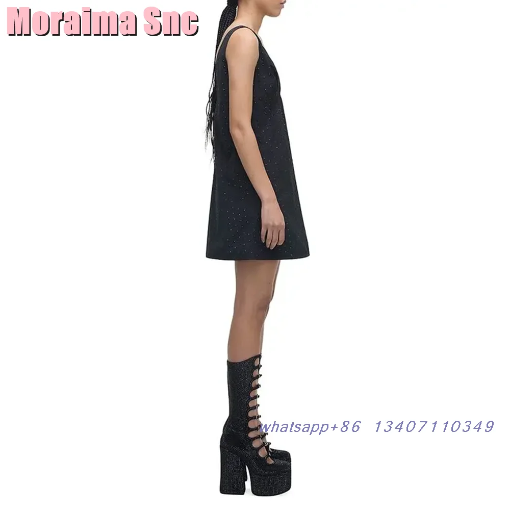 Luxury Crystal Platform Belt Buckle Sandals Boots Block Chunky Heel Round Toe Side Zipper Hollow Sexy Women's Summer Shoes Black