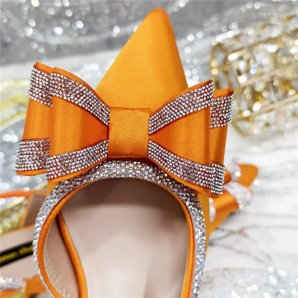 Elegant Orange Satin Rhinestone Bow Slingback Heels & Clutch Bag Set, Women Bridal Matching Kit For Wedding Party Evening Prom F