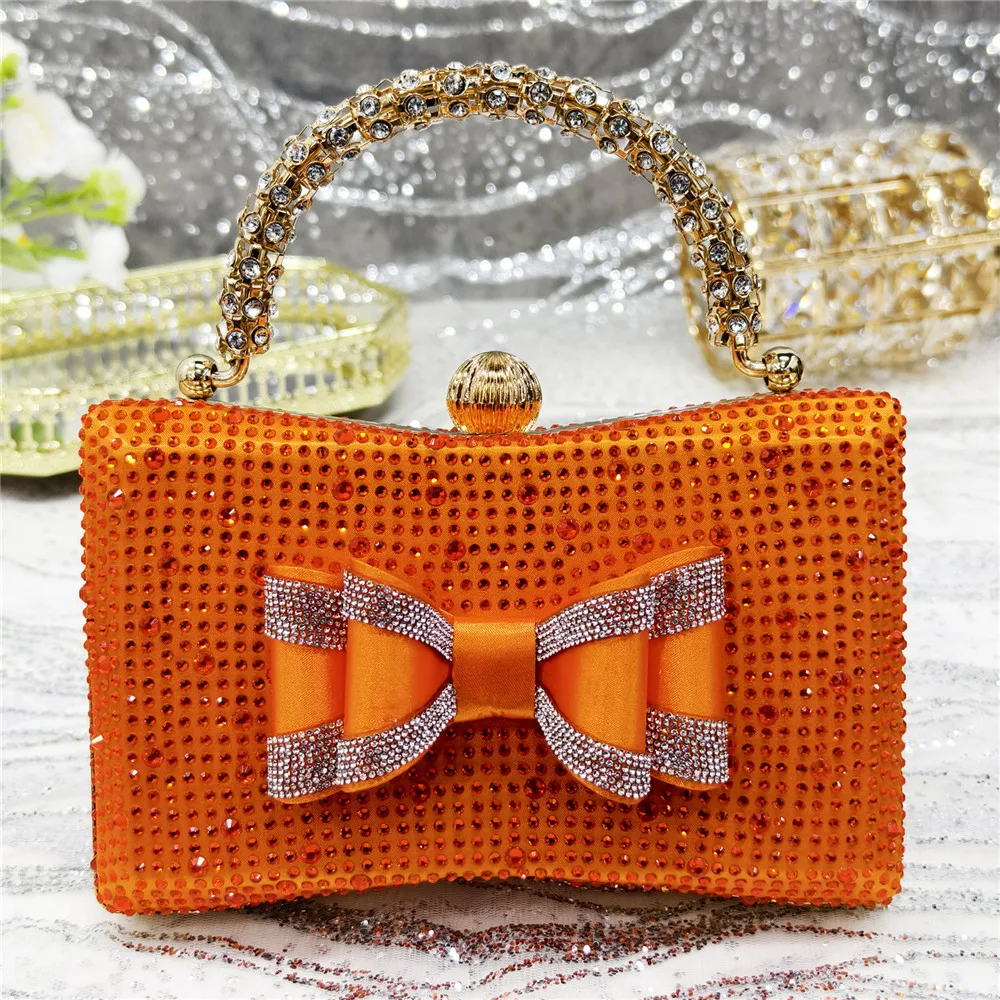 Elegant Orange Satin Rhinestone Bow Slingback Heels & Clutch Bag Set, Women Bridal Matching Kit For Wedding Party Evening Prom F