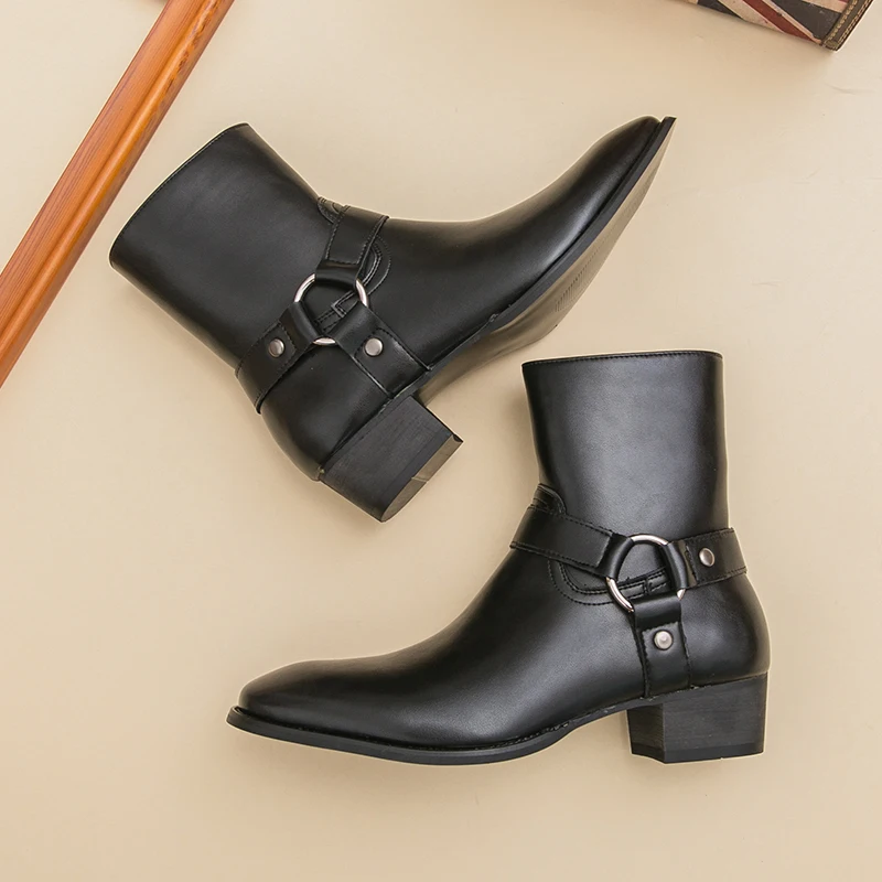 Autumn Fashion Brand Men Breathable Outdoor Cowboy Boots Classic Black Men Comfortable Side Zipper Pointed High Top Leather Shoe