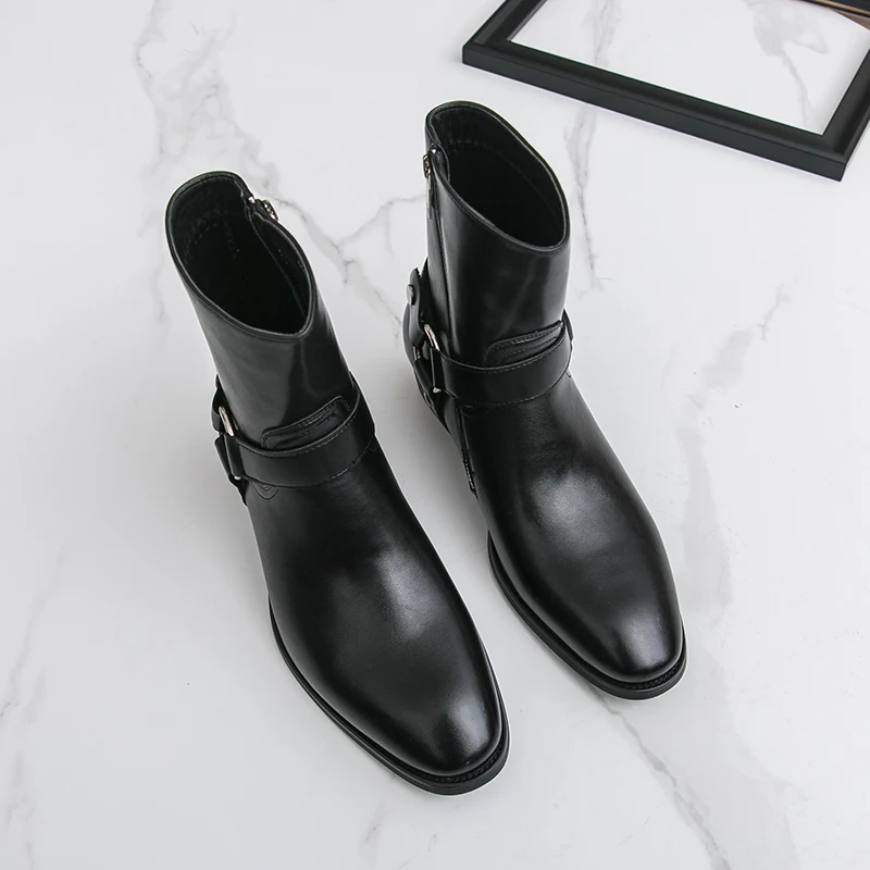 Autumn Fashion Brand Men Breathable Outdoor Cowboy Boots Classic Black Men Comfortable Side Zipper Pointed High Top Leather Shoe