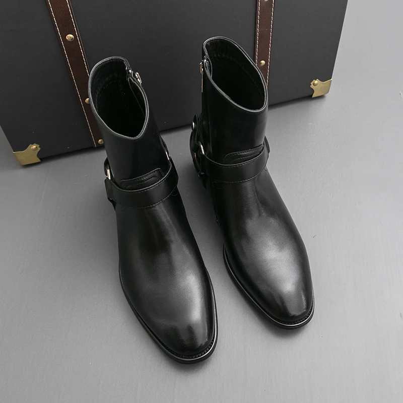 Autumn Fashion Brand Men Breathable Outdoor Cowboy Boots Classic Black Men Comfortable Side Zipper Pointed High Top Leather Shoe