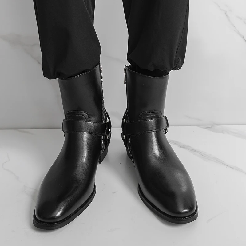 Autumn Fashion Brand Men Breathable Outdoor Cowboy Boots Classic Black Men Comfortable Side Zipper Pointed High Top Leather Shoe