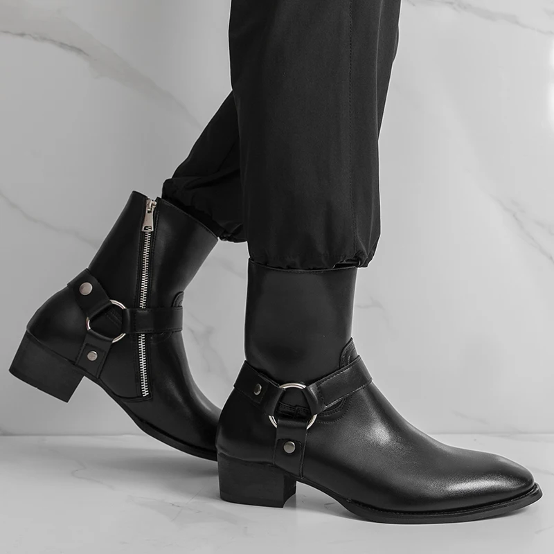 Autumn Fashion Brand Men Breathable Outdoor Cowboy Boots Classic Black Men Comfortable Side Zipper Pointed High Top Leather Shoe