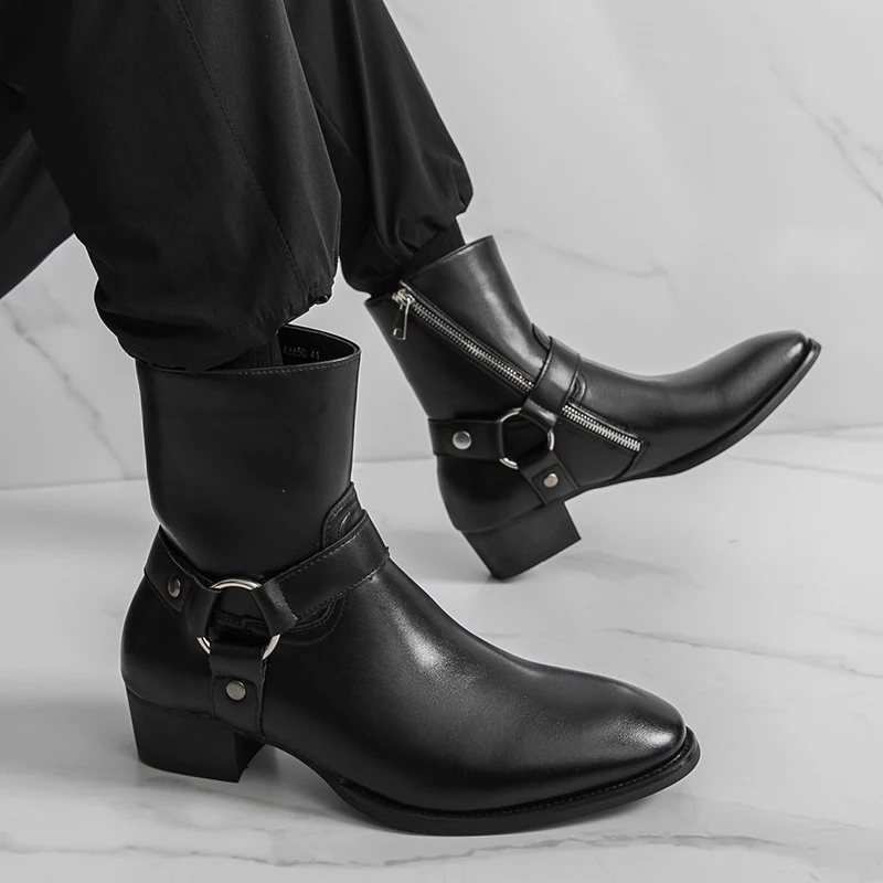 Autumn Fashion Brand Men Breathable Outdoor Cowboy Boots Classic Black Men Comfortable Side Zipper Pointed High Top Leather Shoe