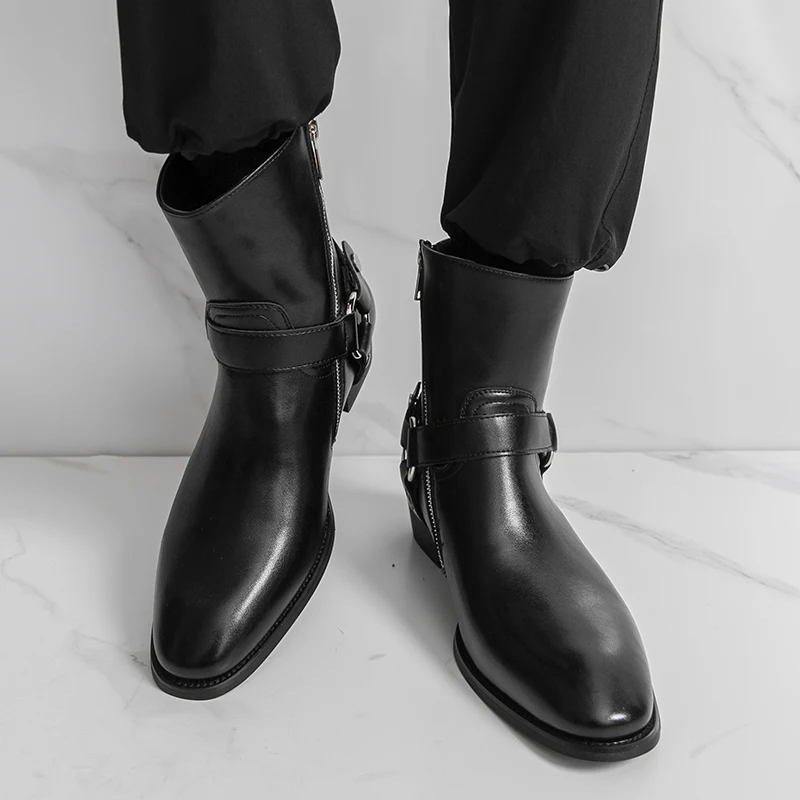 Autumn Fashion Brand Men Breathable Outdoor Cowboy Boots Classic Black Men Comfortable Side Zipper Pointed High Top Leather Shoe