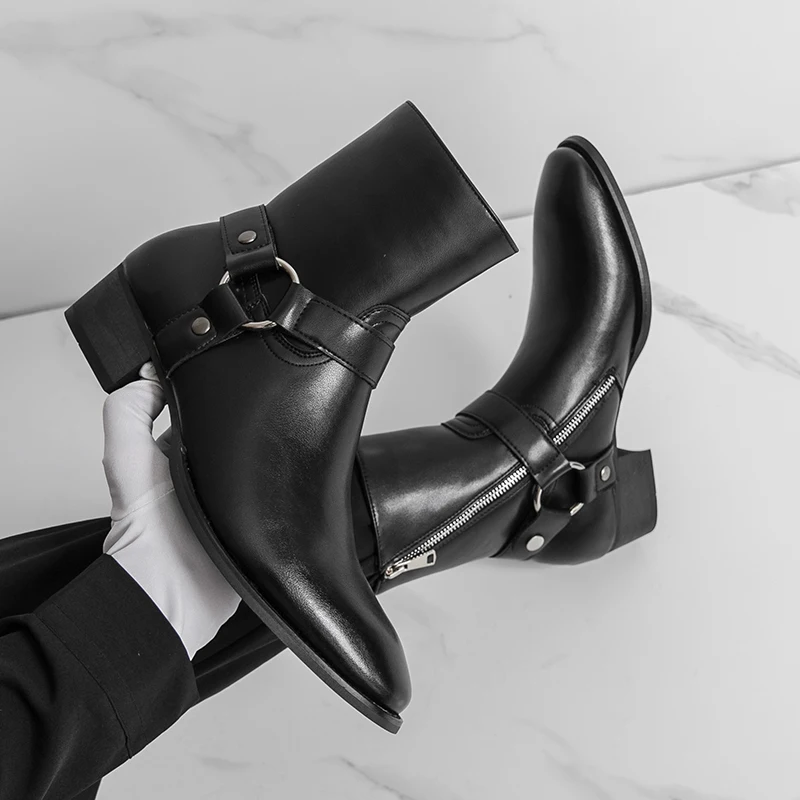Autumn Fashion Brand Men Breathable Outdoor Cowboy Boots Classic Black Men Comfortable Side Zipper Pointed High Top Leather Shoe