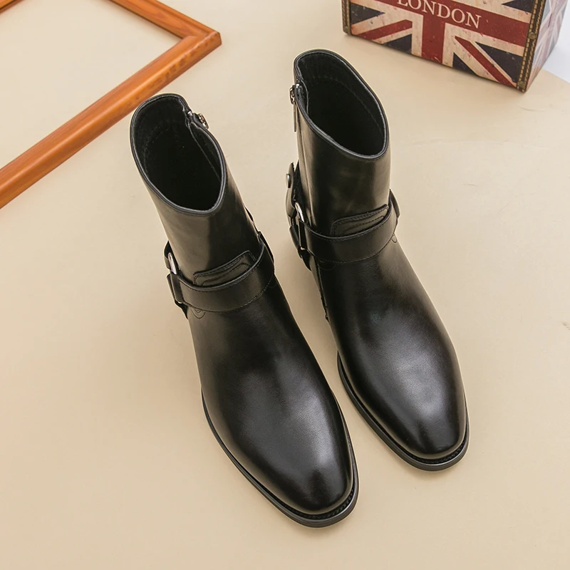 Autumn Fashion Brand Men Breathable Outdoor Cowboy Boots Classic Black Men Comfortable Side Zipper Pointed High Top Leather Shoe