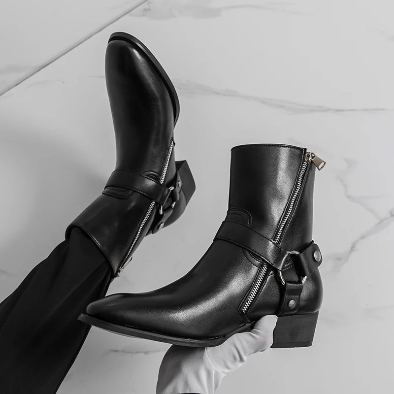 Autumn Fashion Brand Men Breathable Outdoor Cowboy Boots Classic Black Men Comfortable Side Zipper Pointed High Top Leather Shoe