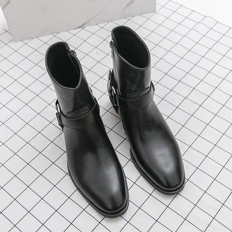 Autumn Fashion Brand Men Breathable Outdoor Cowboy Boots Classic Black Men Comfortable Side Zipper Pointed High Top Leather Shoe