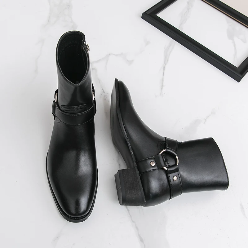 Autumn Fashion Brand Men Breathable Outdoor Cowboy Boots Classic Black Men Comfortable Side Zipper Pointed High Top Leather Shoe