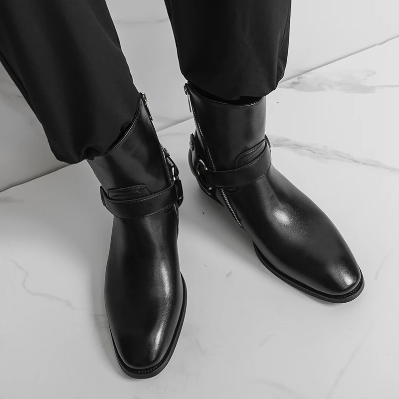 Autumn Fashion Brand Men Breathable Outdoor Cowboy Boots Classic Black Men Comfortable Side Zipper Pointed High Top Leather Shoe