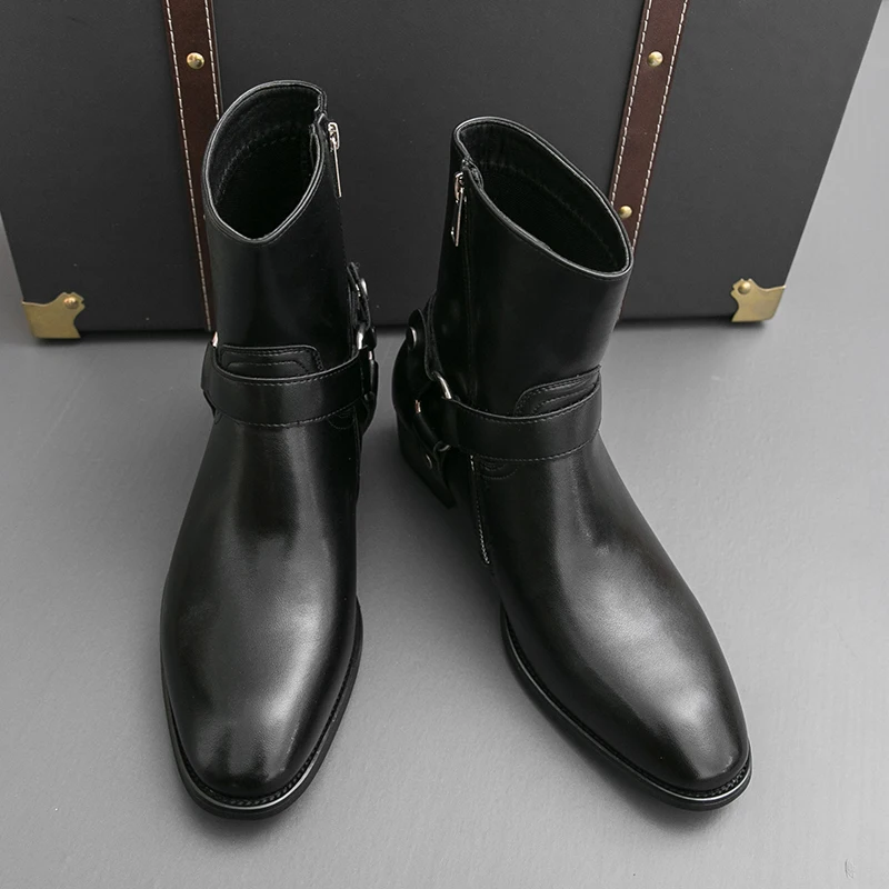 Autumn Fashion Brand Men Breathable Outdoor Cowboy Boots Classic Black Men Comfortable Side Zipper Pointed High Top Leather Shoe