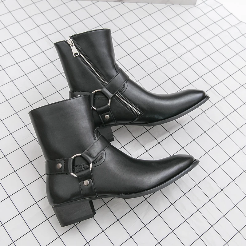 Autumn Fashion Brand Men Breathable Outdoor Cowboy Boots Classic Black Men Comfortable Side Zipper Pointed High Top Leather Shoe