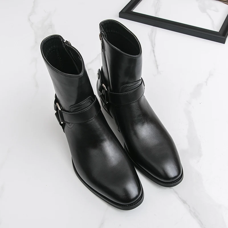 Autumn Fashion Brand Men Breathable Outdoor Cowboy Boots Classic Black Men Comfortable Side Zipper Pointed High Top Leather Shoe