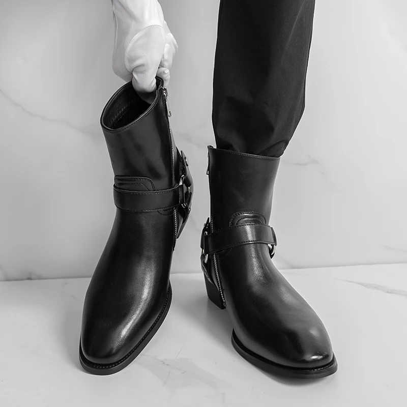 Autumn Fashion Brand Men Breathable Outdoor Cowboy Boots Classic Black Men Comfortable Side Zipper Pointed High Top Leather Shoe