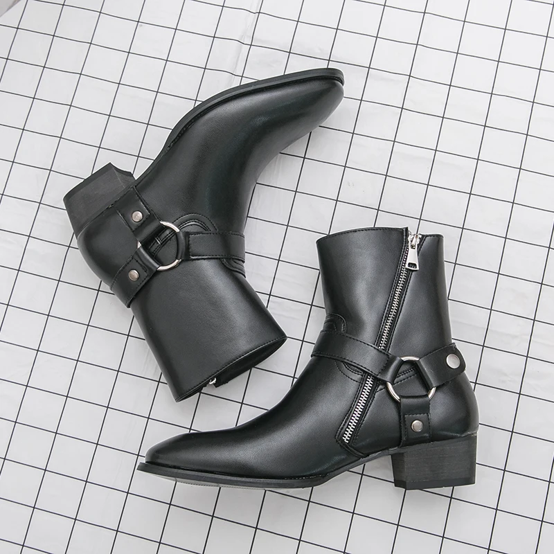 Autumn Fashion Brand Men Breathable Outdoor Cowboy Boots Classic Black Men Comfortable Side Zipper Pointed High Top Leather Shoe