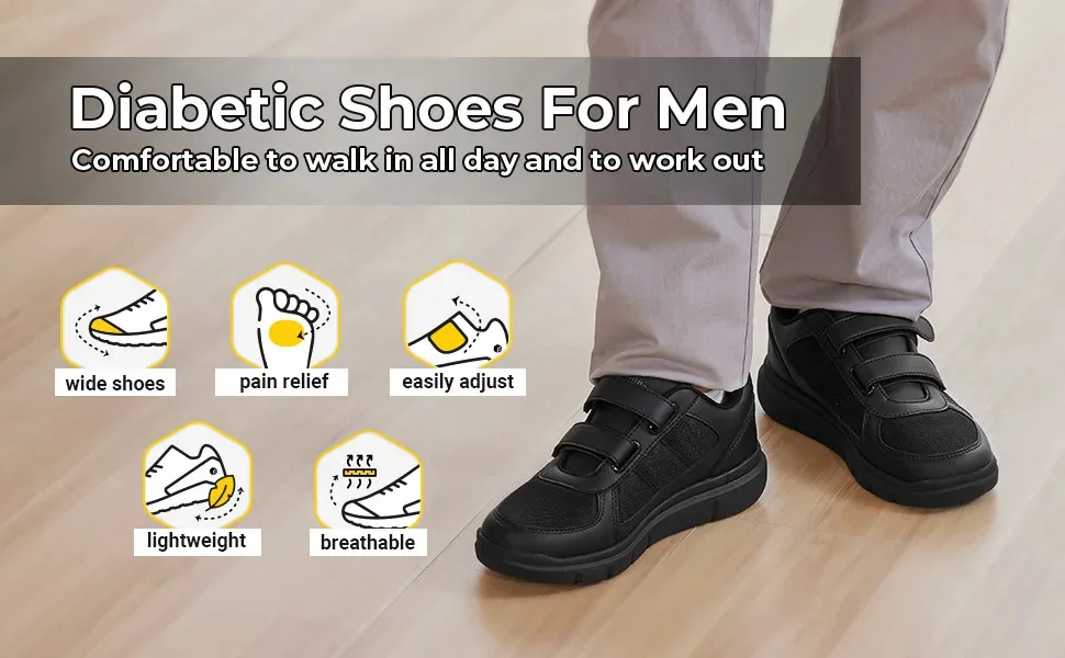 FitVille Men'S Diabetic Shoes Extra Wide 4E Senior Shoe Relieve Neuropathy Suitable For Swollen Foot Pain With Arch Support