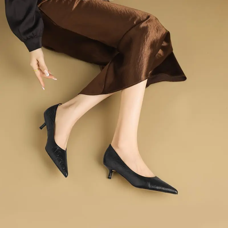 MORAZORA 2026 New Genuine Leather Shoes 4cm High Heels Office Dress Shoes Pointed Toe Fashion Single Shoes