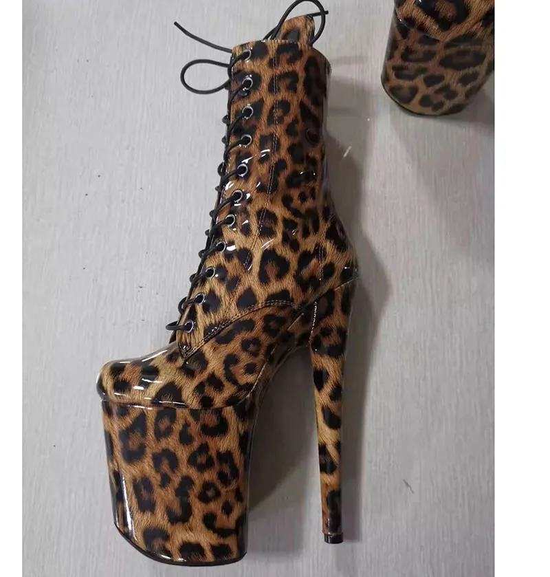 Exotic 20 cm Leopard Print Gothic Stripper Heels Size 34-46 8Inch Platform Ankle Boots Strip Pole Dance Catwalk Round Toe Women