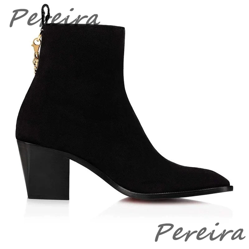 Men Suede Ankle Boots Gold Chain Black Red Velvet Pointed Toe High Heel Shoes Luxury Genuine Leather Side Zipper Chelsea Boots